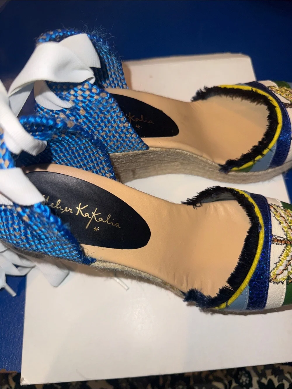 Meher Kakalia Wedge Sandals Espadrille Blue Green Embroidered Butterfly EU 39